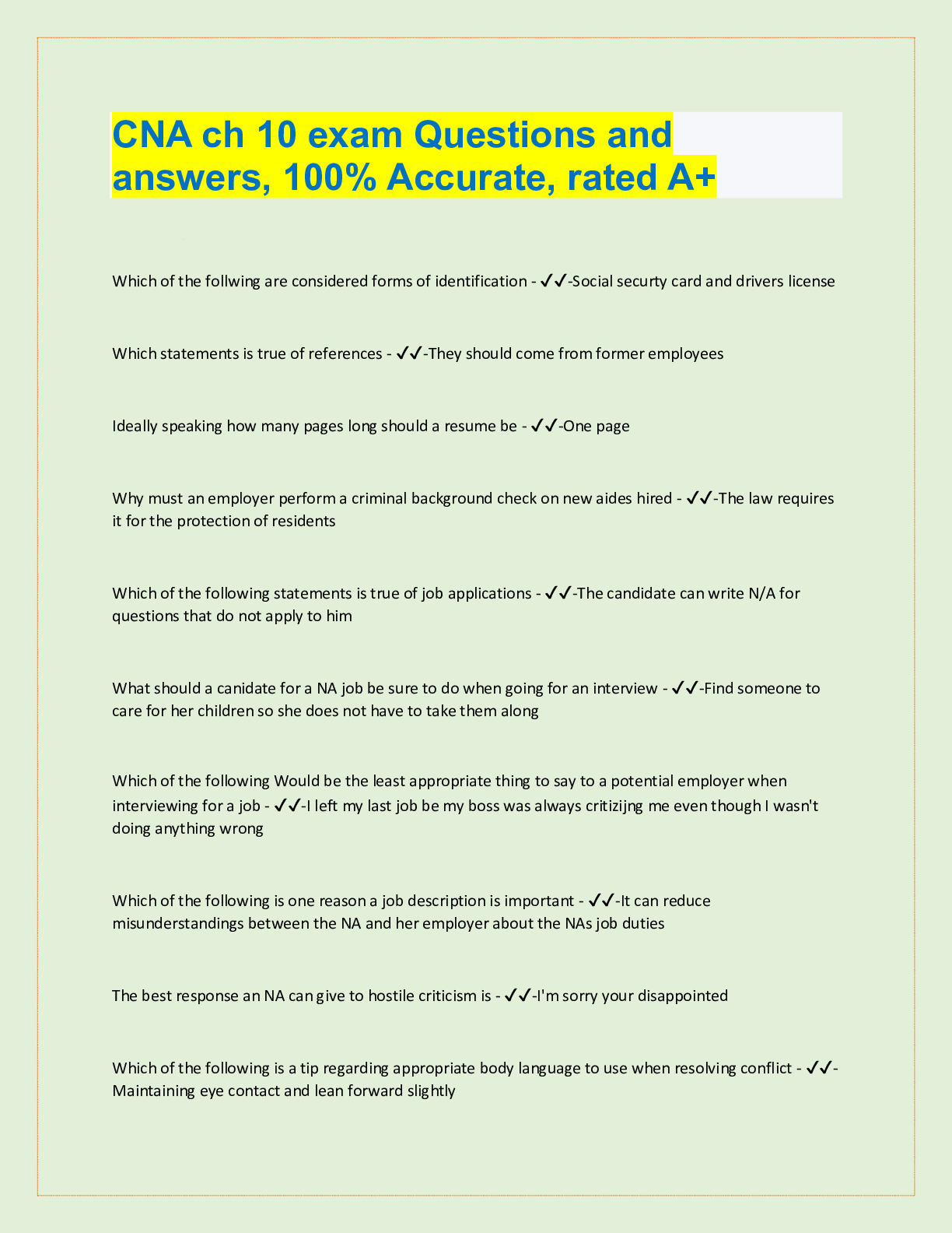 Preview image for CNA ch 10 exam Questions and  answers, 100% Accurate, rated A+